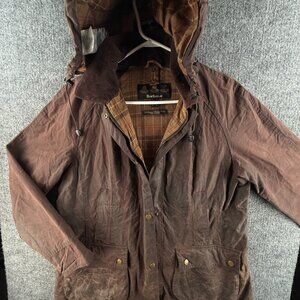 Barbour Beadnell Waxed Jacket Women Full Zip Size 12 US Red Lined Hooded Outdoor